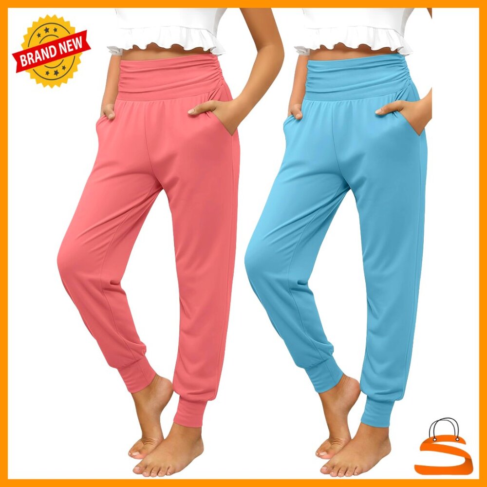 Girls' High Waisted Joggers 2 Pack Soft Athletic Pants With Pockets